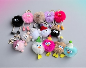 Plush Pom Pom Keychain, Hand-Knitted Hat, Bag Charm