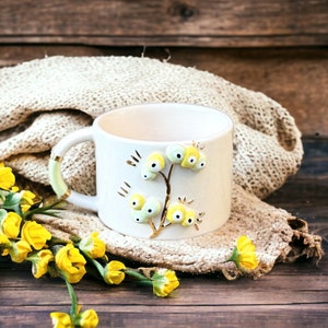 Handmade Ceramic Mug with Custom Wood Slice Gift Box, Coffee Tea Cup, 7 oz 200ml , 24K Gold Plated Pottery Birthday Valentines Mothers Day Yellow Tree