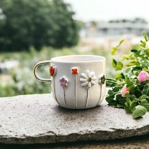 Handmade Ceramic Mug with Custom Wood Slice Gift Box, 12 oz 350ml, Coffee Tea Cup, 24K Gold Plated Pottery Birthday Valentines Mothers Day image 1