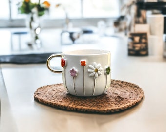 Handmade Ceramic Mug with Custom Wood Slice Gift Box, Coffee Tea Cup, 24K Gold Plated Pottery Birthday Valentines Mothers Day