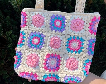 Crochet Granny Square Bag: Handmade Cotton Boho Shoulder Tote