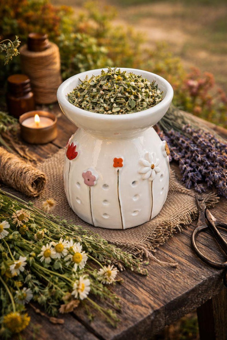 May include: A white ceramic essential oil diffuser with floral accents. The diffuser is filled with dried herbs and sits on a wooden surface. Other items include dried flowers, a candle, and twine.