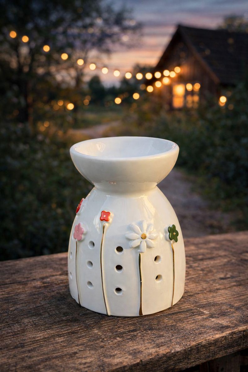 May include: White ceramic essential oil diffuser with floral accents. The diffuser has a round top and a bulbous base, decorated with red, pink, and green flowers. The base has several small holes. The background features a wooden surface and a blurred outdoor scene.
