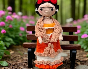 Handmade Frida Kahlo Crochet Doll: Organic Cotton Amigurumi Toy