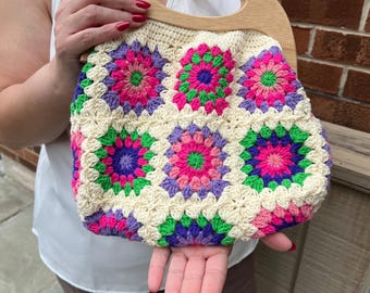 Crochet Granny Square Clutch: Handmade Cotton Boho Bag with Wooden Handles