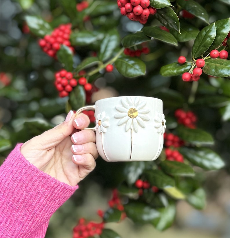 Handmade Ceramic Mug with Custom Wood Slice Gift Box, 12 oz 350ml, Coffee Tea Cup, 24K Gold Plated Pottery Birthday Valentines Mothers Day image 6