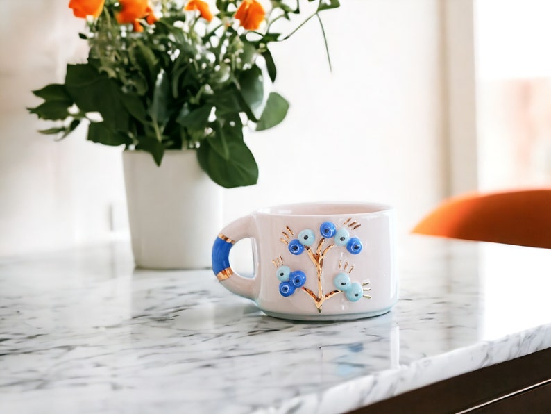 Handmade Ceramic Mug with Custom Wood Slice Gift Box, Coffee Tea Cup, 7 oz 200ml , 24K Gold Plated Pottery Birthday Valentines Mothers Day image 2