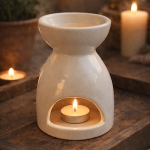 May include: Cream-colored ceramic essential oil diffuser with a lit tea light candle inside. The diffuser sits on a wooden tray, with a lit candle in the background. The design is simple and elegant, perfect for aromatherapy.