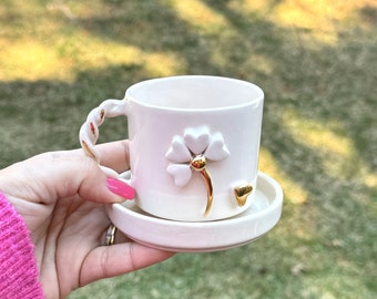 Handmade Ceramic Mug with Custom Wood Slice Gift Box, 7 oz (200ml), Coffee Tea Cup, 24K Gold Plated, Pottery Birthday Valentines Mothers Day