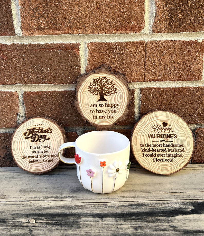 Handmade Ceramic Mug with Custom Wood Slice Gift Box, 12 oz 350ml, Coffee Tea Cup, 24K Gold Plated Pottery Birthday Valentines Mothers Day image 7