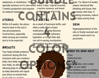 May include: A colorful infographic with the title "What to Expect Postpartum?"  The infographic is divided into sections with headings such as "Baby Blues", "Pain", "Lochia", "Uterus", "G.I. Rectal", "Breasts", "Skin", and "When to Seek Help". Each section contains information about common postpartum experiences and symptoms.