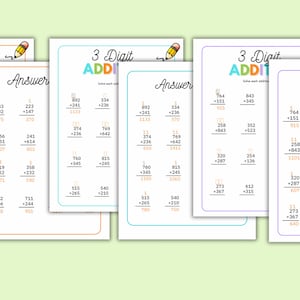 K&ouml;nnte beinhalten: Vier druckbare Arbeitsbl&auml;tter mit einem farbenfrohen Design, betitelt "3 Digit ADDIT" mit Additionsproblemen, die Kinder l&ouml;sen k&ouml;nnen. Die Arbeitsbl&auml;tter haben einen L&ouml;sungsschl&uuml;ssel mit den richtigen Antworten.