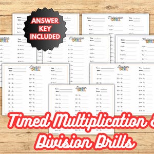 Puede incluir: Un conjunto de hojas de trabajo imprimibles para ejercicios de multiplicación y división cronometrados. Las hojas de trabajo son en blanco y negro y presentan las palabras "Multiplication Drill" y "Division Drill" en texto colorido.