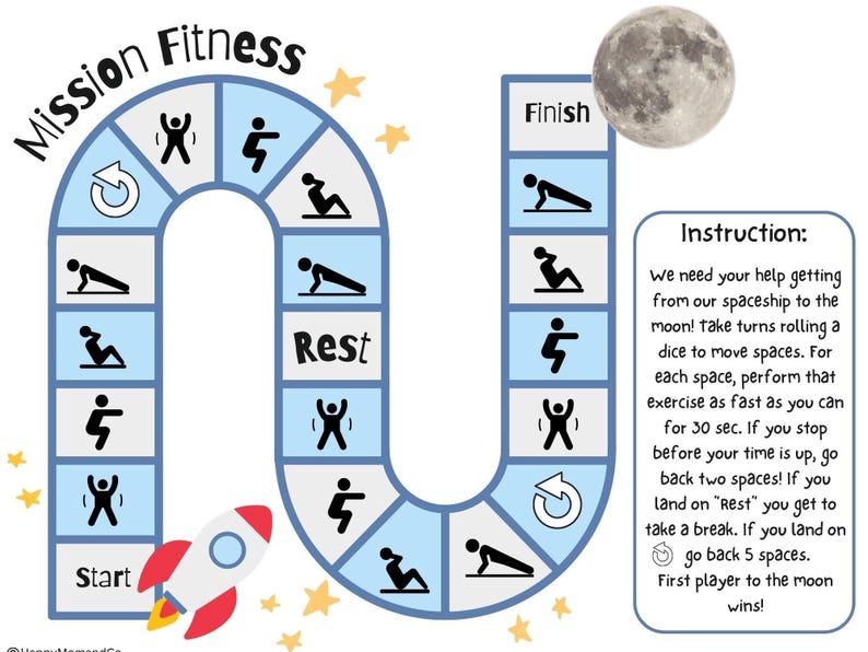 May include: A blue and white game board shaped like a U with a rocket ship, stars, and a moon. The game board has different exercises on each space. The text on the board says "Mission Fitness" and "Instruction: We need your help getting from our spaceship to the moon! Take turns rolling a dice to move spaces. For each space, perform that exercise as fast as you can for 30 sec. If you stop before your time is up, go back two spaces! If you land on "Rest" you get to take a break. If you land on go back 5 spaces. First player to the moon wins!"