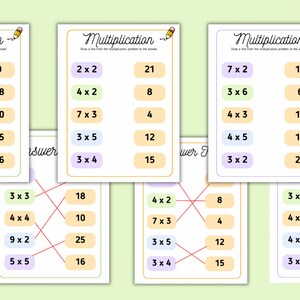 K&ouml;nnte beinhalten: Drei Arbeitsbl&auml;tter mit Multiplikationsaufgaben und L&ouml;sungsschl&uuml;sseln. Jedes Arbeitsblatt enth&auml;lt eine Reihe von Multiplikationsaufgaben auf der linken Seite und die L&ouml;sungen auf der rechten Seite. Der L&ouml;sungsschl&uuml;ssel zeigt Linien, die die Aufgaben mit ihren L&ouml;sungen verbinden.