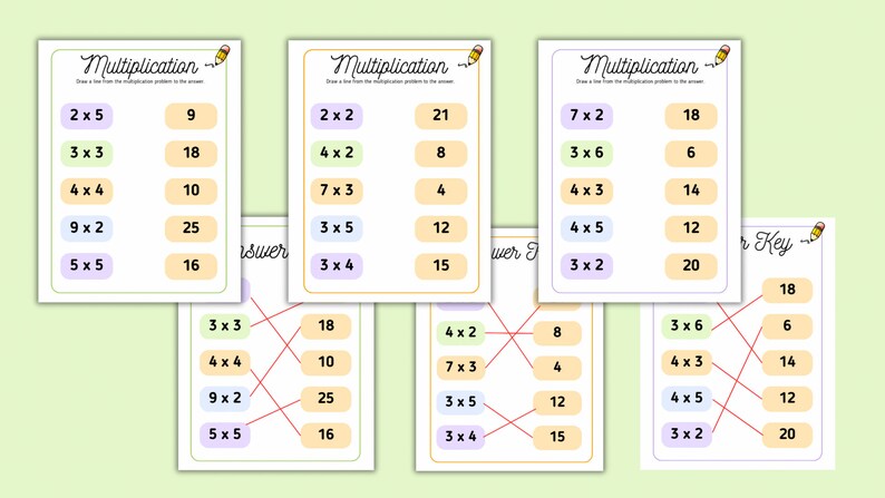 K&ouml;nnte beinhalten: Drei Arbeitsbl&auml;tter mit Multiplikationsaufgaben und L&ouml;sungsschl&uuml;sseln. Jedes Arbeitsblatt enth&auml;lt eine Reihe von Multiplikationsaufgaben auf der linken Seite und die L&ouml;sungen auf der rechten Seite. Der L&ouml;sungsschl&uuml;ssel zeigt Linien, die die Aufgaben mit ihren L&ouml;sungen verbinden.