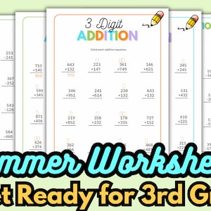 May include: A set of colorful summer-themed worksheets for 3rd grade math practice. The worksheets feature a variety of 3-digit addition problems. The worksheets are decorated with a sun and a beach ball.