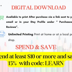 K&ouml;nnte beinhalten: Eine Grafik f&uuml;r einen digitalen Download mit gelbem Hintergrund und bunten Bleistiften. Der Text lautet "DIGITALER DOWNLOAD" und "Geben Sie mindestens 10 &euro; oder mehr aus und sparen Sie 15 % mit dem Code: LEARN".