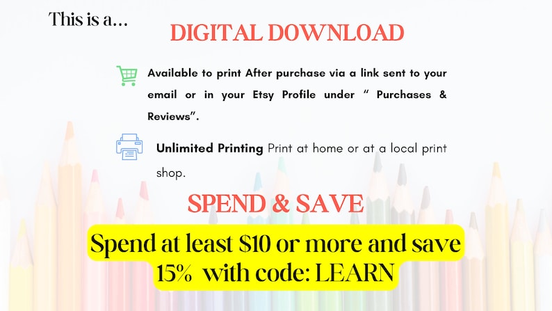 K&ouml;nnte beinhalten: Eine Grafik f&uuml;r einen digitalen Download mit gelbem Hintergrund und bunten Bleistiften. Der Text lautet "DIGITALER DOWNLOAD" und "Geben Sie mindestens 10 &euro; oder mehr aus und sparen Sie 15 % mit dem Code: LEARN".
