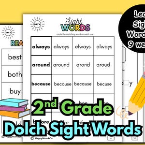 May include: Educational worksheet for 2nd grade Dolch sight words. The worksheet features a grid with sight words and options to circle the correct word. Includes the text "Learn Sight Words in 9 weeks". A stack of books and a pencil are also shown.