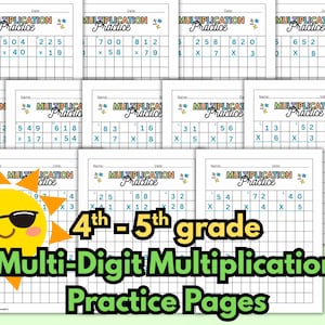 May include: Multiplication practice sheets for 4th-5th grade students. Each sheet contains multi-digit multiplication sums with space for working. The pages are white with black text and a decorative sun graphic.