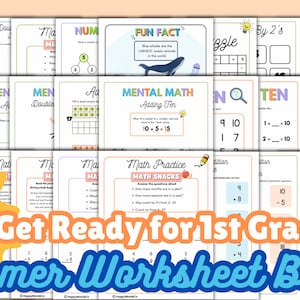 May include: A colorful set of printable worksheets for first grade math practice. The worksheets feature a summer theme with a sun, beach ball, and other summery imagery. The worksheets cover topics such as counting, addition, subtraction, and mental math. Get Ready for 1st Grade Summer Worksheet Bundle.