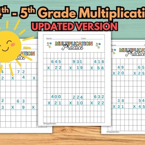 Práctica de multiplicación de números de varias cifras en papel cuadriculado. Hojas de trabajo de matemáticas de verano para 4.º y 5.º grado. Educación en casa.