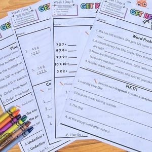 May include: Educational worksheets for 4th grade, featuring math problems, sentence structure, and spelling practice. The worksheets are printed on white paper with colorful text and are accompanied by a set of crayons.