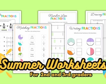 No Prep Summer Fractions Math Review Worksheets for 2nd and 3rd Graders