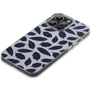 May include: A clear phone case with a pattern of navy blue leaves on a light gray background. The case is designed to fit a smartphone and has a camera cutout.