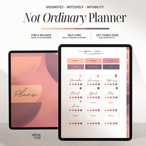 Puede incluir: Un planificador digital con un esquema de color rosa y morado. El planificador está diseñado para Goodnotes, Noteshelf y Notability. El planificador incluye secciones para encontrar el equilibrio, el cuidado personal y hacer las cosas. El texto "Not Ordinary Planner" está en la parte superior de la página. El texto "Plans" está en la esquina inferior izquierda de la página.