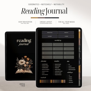 Dark Digital Reading Journal for Book Lovers: Interactive Planner for Goodnotes iPad, Book & Series Tracker, Reading Challenge, Daily Log