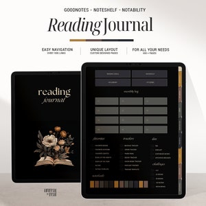 Puede incluir: Una plantilla de diario de lectura digital para Goodnotes, Noteshelf y Notability. La plantilla presenta un fondo negro con un diseño floral y el texto "reading journal". La plantilla incluye secciones para objetivos de lectura, una estantería, un registro mensual, favoritos, rastreadores y listas.