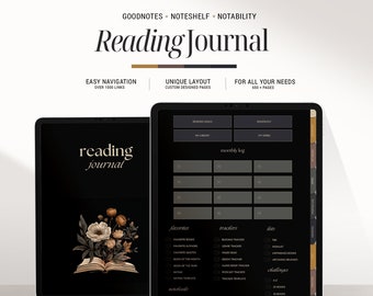 Dark Digital Reading Journal for Book Lovers: Interactive Planner for Goodnotes iPad, Book & Series Tracker, Reading Challenge, Daily Log