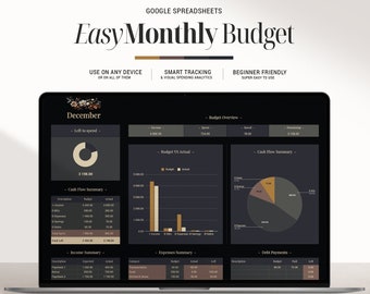 May include: A screenshot of a Google Spreadsheet template for a monthly budget. The template is designed to be easy to use and includes features such as smart tracking, visual spending analytics, and a cash flow summary. The spreadsheet is titled "Easy Monthly Budget" and is set for the month of December.