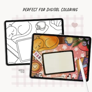 May include: Digital coloring page featuring two illustrations of cats sleeping on a tablet. The first illustration is a black and white outline of a cat sleeping on a tablet with a cup of coffee. The second illustration is a colored image of a cat sleeping on a tablet with a cup of coffee, a paint palette, and other art supplies.