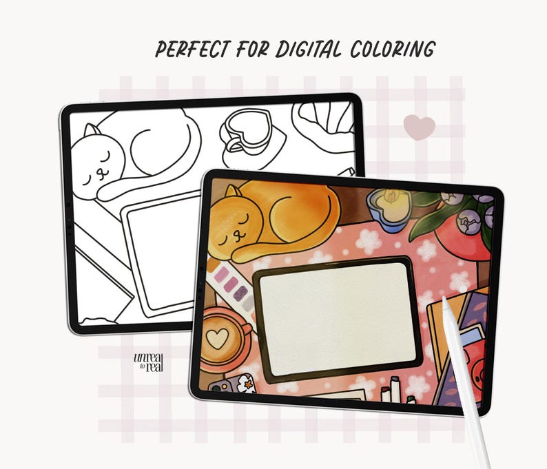 May include: Digital coloring page featuring two illustrations of cats sleeping on a tablet. The first illustration is a black and white outline of a cat sleeping on a tablet with a cup of coffee. The second illustration is a colored image of a cat sleeping on a tablet with a cup of coffee, a paint palette, and other art supplies.