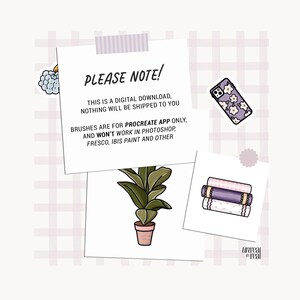 Pu&ograve; includere: Un download digitale di pennelli per l'app Procreate. Il testo recita "PLEASE NOTE! This is a digital download, nothing will be shipped to you. Brushes are for Procreate app only, and won't work in Photoshop, Fresco, Ibis Paint and other."