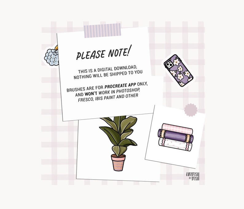 Pu&ograve; includere: Un download digitale di pennelli per l'app Procreate. Il testo recita "PLEASE NOTE! This is a digital download, nothing will be shipped to you. Brushes are for Procreate app only, and won't work in Photoshop, Fresco, Ibis Paint and other."