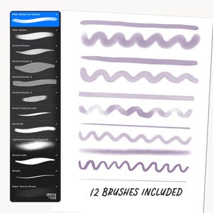 May include: A digital illustration of 12 different brush strokes in a purple color. The brush strokes are displayed in rows on a white background. The text "12 BRUSHES INCLUDED" is at the bottom of the image.