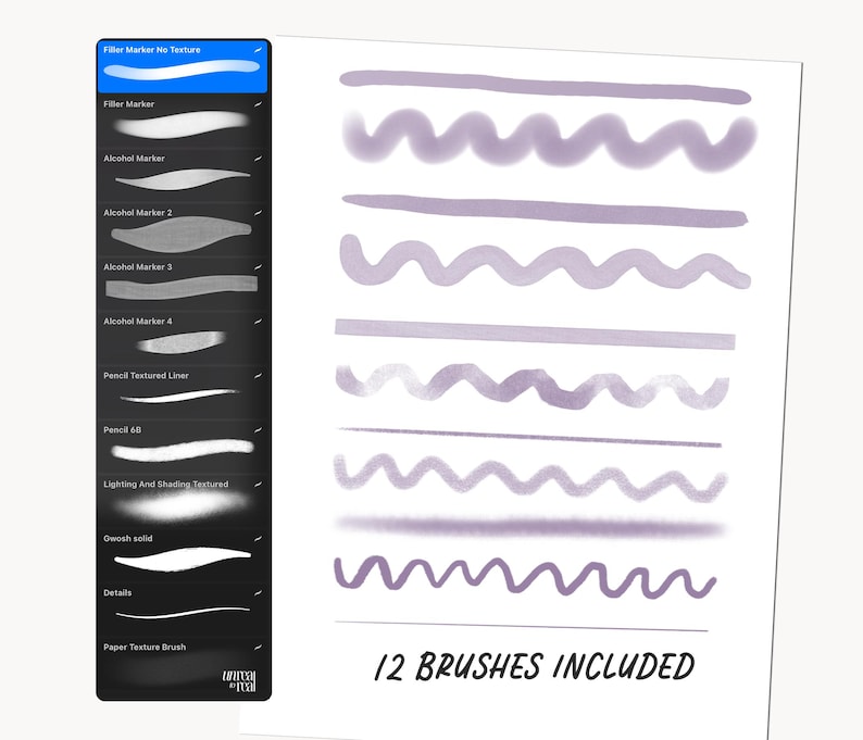 May include: A digital illustration of 12 different brush strokes in a purple color. The brush strokes are displayed in rows on a white background. The text "12 BRUSHES INCLUDED" is at the bottom of the image.