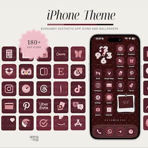 May include: A digital iPhone theme set featuring burgundy aesthetic app icons and wallpapers. The display shows a smartphone screen with a matching burgundy interface, including a clock widget, various app icons, and a photo frame widget.