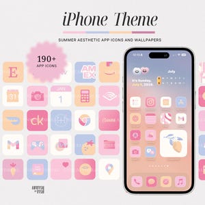 May include: A digital iPhone theme set featuring 190+ app icons and wallpapers in a pastel color palette of pink, orange, and blue. The display shows a smartphone screen with customized widgets, calendar, and app icons arranged in a grid layout.