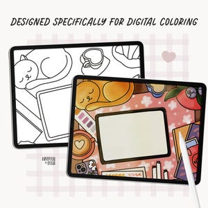 May include: Two digital tablets displaying illustrations. One shows a black and white outline of a cat, coffee cup, and other objects. The other tablet shows a colored version of the same scene, with an orange cat, coffee, and a stylus. Text reads "DESIGNED SPECIFICALLY FOR DIGITAL COLORING."
