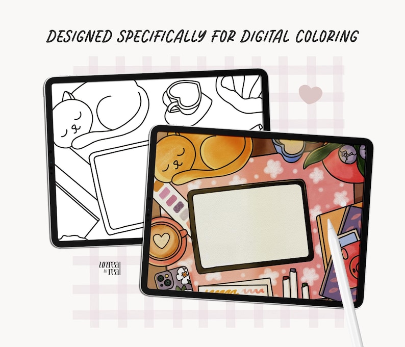 May include: Two digital tablets displaying illustrations. One shows a black and white outline of a cat, coffee cup, and other objects. The other tablet shows a colored version of the same scene, with an orange cat, coffee, and a stylus. Text reads "DESIGNED SPECIFICALLY FOR DIGITAL COLORING."