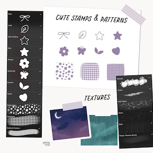 May include: Digital art stamps and patterns, including bows, leaves, stars, flowers, butterflies, and hearts. The image also features textures like clouds, grass, still water, stars, and rain. The text reads "CUTE STAMPS & PATTERNS" and "TEXTURES".