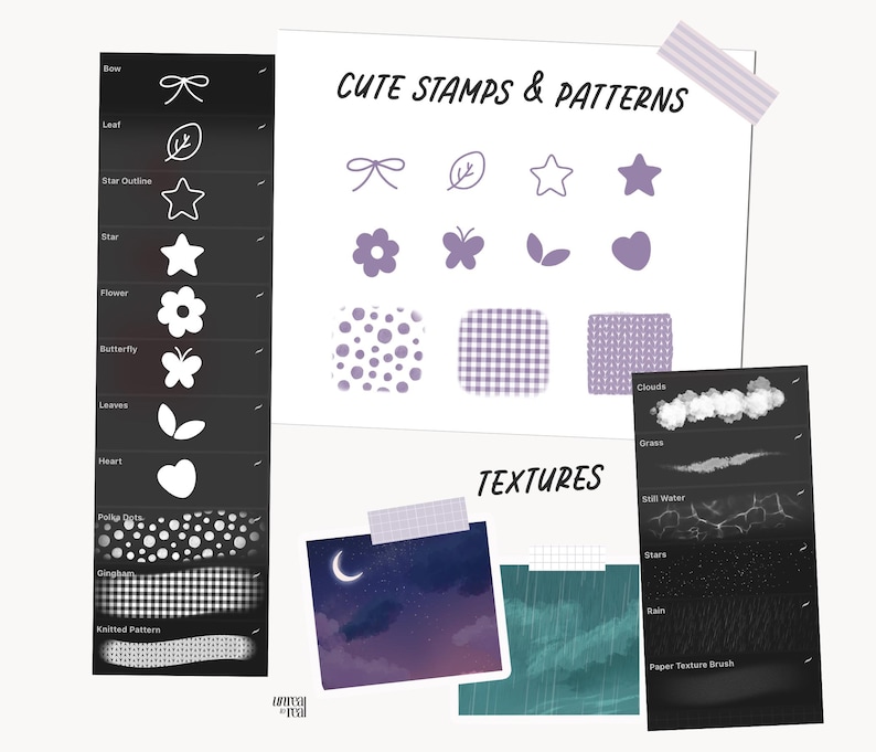 May include: Digital art stamps and patterns, including bows, leaves, stars, flowers, butterflies, and hearts. The image also features textures like clouds, grass, still water, stars, and rain. The text reads "CUTE STAMPS & PATTERNS" and "TEXTURES".