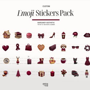 May include: A set of 24 burgundy aesthetic emoji stickers for iOS 18.1 and digital planners. The stickers include a gingerbread house, books, macarons, a bow, a high heel, a coffee cup, a flower, lips, a heart, a scarf, a handbag, a pie, a roll, a poodle, sunglasses, a scarf, a reindeer, a suitcase, a boot, a basket, a coffee cup, a cat, a dress, a teacup, a Christmas tree, yarn, a gift box, a candle, a bouquet of roses, a car, and a nutcracker.