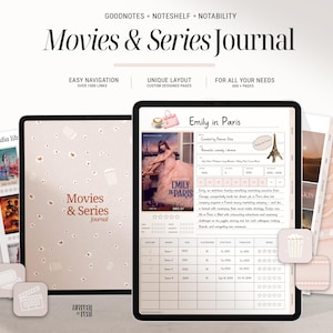 Diario digital de películas y series para iPad / Rastreador, reseñas y panel de estado de ánimo de películas y programas de TV / Organizador minimalista de listas de seguimiento rosa / Goodnotes