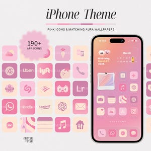 Może przedstawiać: Różowy motyw iPhone'a z pasującymi tapetami aura. Obraz przedstawia telefon z różowym interfejsem, otoczony ponad 190 ikonami aplikacji w odcieniach różu i brzoskwini. Tekst "iPhone Theme" znajduje się na górze.